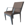 Fauteuil ergonomique marron et gris, une structure en acier galvanisé et une assise constituée de lames composées de chanvre et de composite